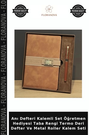 Anı Defteri Kalemli Set Öğretmen Hediyesi Taba Rengi Termo Deri Defter Ve Metal Roller Kalem Seti