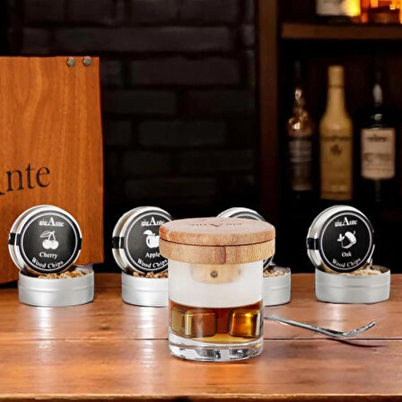 gigAnte Viski & Kokteyl Tütsüleme Seti – 4 Farklı Aromalandırma Talaşı , Jet Çakmak, Çelik Buz, Ahşap Kutu