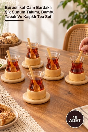 10 Adet Bambu Çay Seti – Borosilikat Cam Bardaklı Şık Sunum Takımı, Bambu Tabak Ve Kaşıklı Tea Set