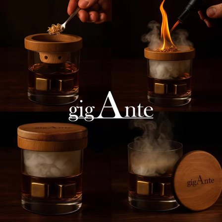 gigAnte Black Kokteyl & Viski Tütsüleme Seti – 4 Farklı Aromalandırma Talaşı , Jet Çakmak, Çelik Buz