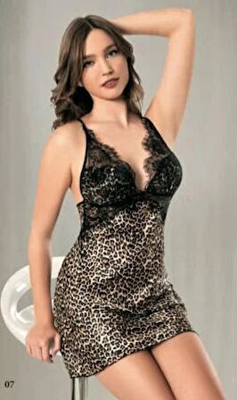 LEOPAR DESENLİ SATEN KISA ŞIK GECELİK