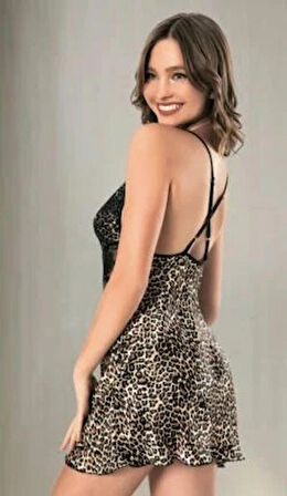 LEOPAR DESENLİ SATEN KISA ŞIK GECELİK