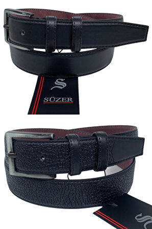 2'li Set Çocuk Boy Suni Deri 3 cm.lik Garson Klasik Kemer - Siyah Düz ve Desenli