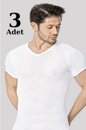 Özel Seri Yazlık Esnek Günlük Erkek Fileli Tişört Beyaz V Yaka 3'lü Paket %100 Pamuk