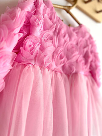 Kız Bebek Pembe Elbise Uzun Kollu Fiyonklu Doğum Günü Parti Düğün Özel Gün Tüllü Astarlı Prenses (Pembe)