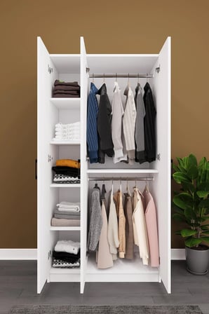 Asra Trend MDF 3 Kapaklı Gardırop - 90×180×47cm, 5 Raflı Düzenleyici Çok Amaçlı Dolap, G-07