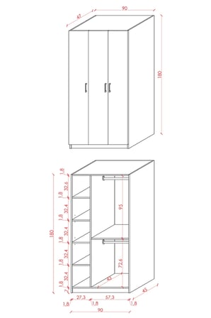 Asra Trend MDF 3 Kapaklı Gardırop - 90×180×47cm, 5 Raflı Düzenleyici Çok Amaçlı Dolap, G-07