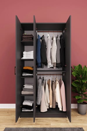 Asra Trend MDF 3 Kapaklı Gardırop - 90×180×47cm, 5 Raflı Düzenleyici Çok Amaçlı Dolap, G-07