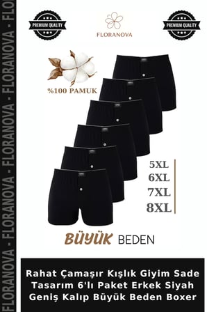 Rahat Çamaşır Kışlık Giyim Sade Tasarım 6'lı Paket Erkek Siyah Geniş Kalıp Büyük Beden Boxer