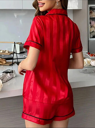 KIRMIZI SATEN ŞIK ŞORTLU TAKIM