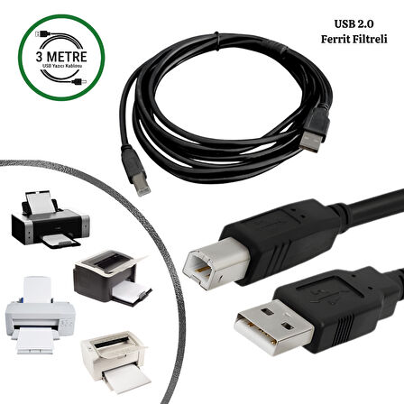 GABBLE USB 2.0 Yüksek Hızlı Yazıcı Kablosu 3 Metre (Ferrit Filtreli) PC Printer Bağlantı Kablosu