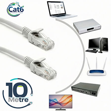 GABBLE CAT6 Yüksek Hızlı Ethernet Kablosu | Gigabit İnternet Ağ Kablosu | Tak Kullan | 10 Metre