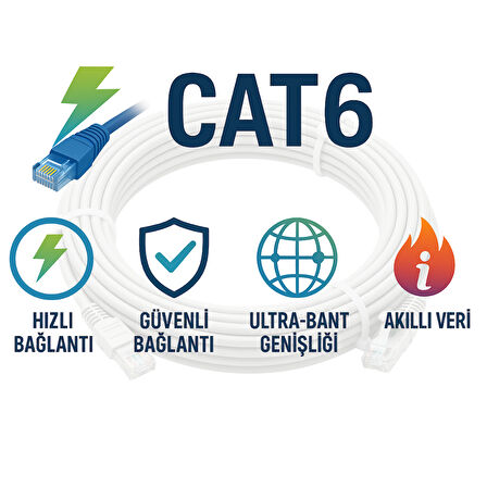 GABBLE CAT6 Yüksek Hızlı Ethernet Kablosu | Gigabit İnternet Ağ Kablosu | Tak Kullan | 15 Metre