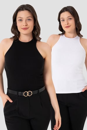 Özel Seri Basic Siyah Bayan Kadın Pamuklu Fitilli Halter Yaka Atlet 2'li Paket