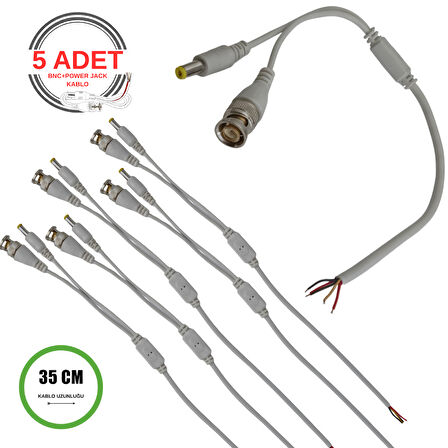 Profesyonel BNC + DC Power Jack Pigtail Kablo 35CM – 5 Uçlu Hazır Kamera Bağlantı Seti – CCTV Güvenlik Sistemi İçin - 5 Adet