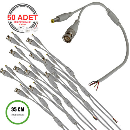 BNC + DC Power Jack Pigtail Kablo 35CM – 5 Uçlu Hazır Kamera Bağlantı Seti – CCTV Güvenlik Sistemi İçin - 50 Adet