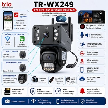 Trio TR-WX249 PTZ Çift Lens WiFi 12V IP66 Güvenlik Kamerası 3 Görüntü Veesky Uygulama