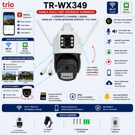 Trio TR-WX239 Çift Kameralı WiFi Güvenlik Kamerası Zoom Lensli PTZ Takipli IP66 12V Adaptör Dahil