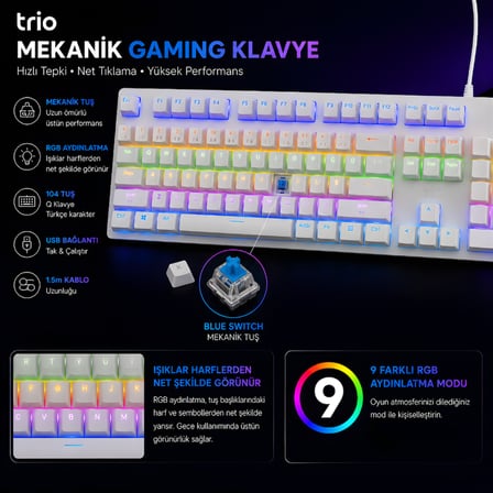 Trio G8219X RGB Blue Switch Mekanik Oyuncu Klavyesi Türkçe Q Kablolu Bilek Destekli Beyaz