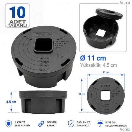VOREX 10 Adet 11 cm Tabanlı Yuvarlak Kamera Buatı Geçmeli Kapaklı 56-70-84-101 mm IP Dome