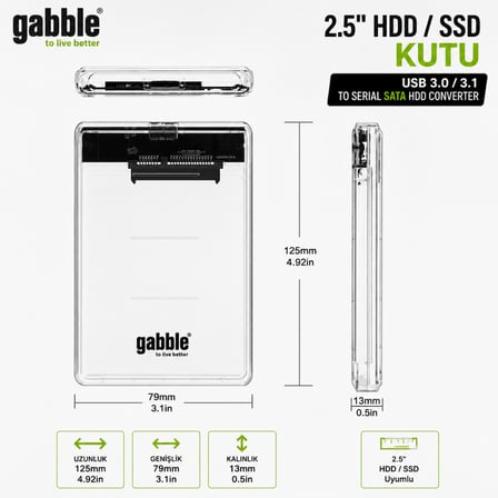 Gabble 2.5" HDD SSD Kutusu USB 3.0/3.1 SATA Harici Disk Kutusu Şeffaf Kasa 5Gbps 30cm Kablo