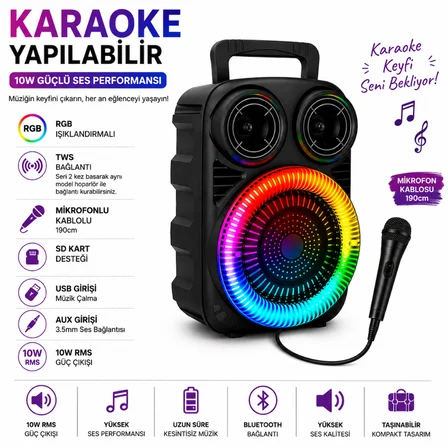 BT-602 6.5 İnç 10W Bluetooth Hoparlör RGB Karaoke Mikrofonlu USB TF AUX TWS 1 Adet