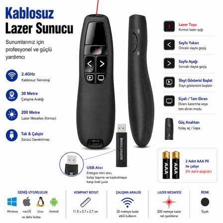 Kablosuz Lazer Sunum Kumandası 30M PowerPoint Presenter USB Lazer Pointer 200M