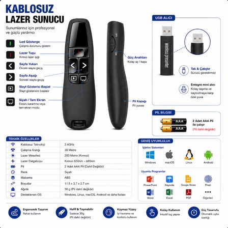 Kablosuz Lazer Sunum Kumandası 30M PowerPoint Presenter USB Lazer Pointer 200M