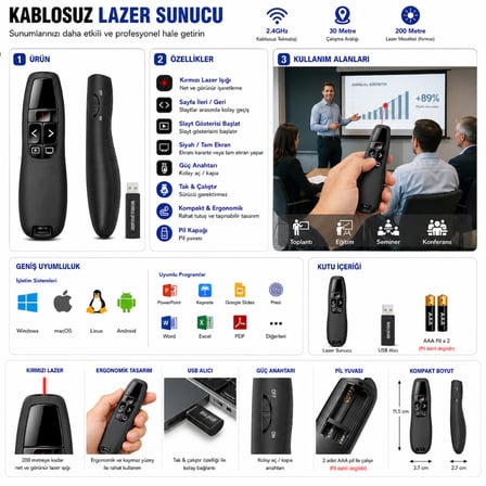 Kablosuz Lazer Sunum Kumandası 30M PowerPoint Presenter USB Lazer Pointer 200M