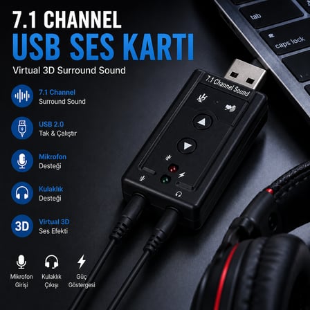 7.1 USB Ses Kartı Harici Sound Card Virtual 3D Ses Çevirici Mikrofon Kulaklık Adaptörü