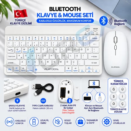 PL-388 Bluetooth Türkçe Q Mini Klavye Mouse Seti Şarjlı Klavye Pilli Mouse
