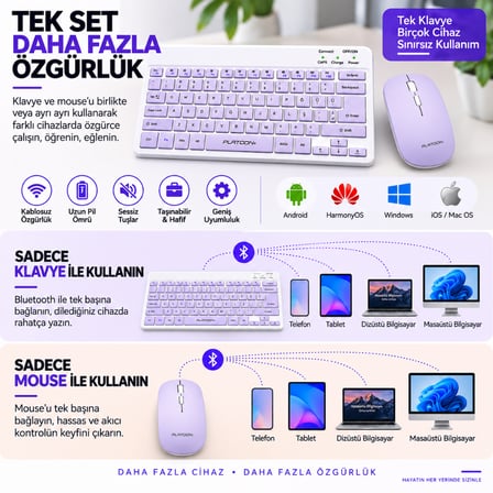PL-388 Bluetooth Türkçe Q Mini Klavye Mouse Seti Şarjlı Klavye Pilli Mouse