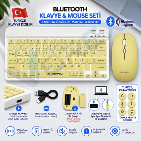 PL-388 Bluetooth Türkçe Q Mini Klavye Mouse Seti Şarjlı Klavye Pilli Mouse
