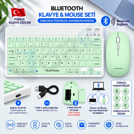PL-388 Bluetooth Türkçe Q Mini Klavye Mouse Seti Şarjlı Klavye Pilli Mouse