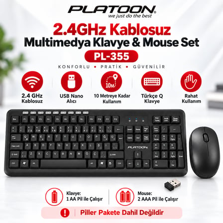 Platoon PL-355 Kablosuz Türkçe Q Klavye Mouse Seti 2.4 GHz USB Nano Alıcılı Multimedya