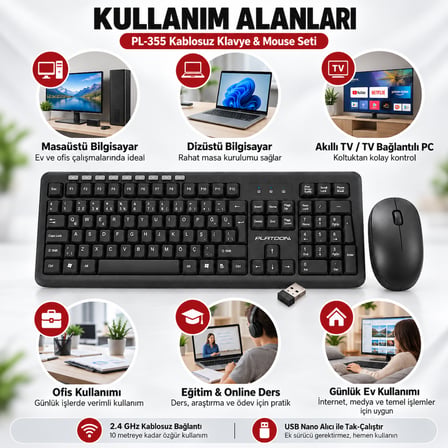 Platoon PL-355 Kablosuz Türkçe Q Klavye Mouse Seti 2.4 GHz USB Nano Alıcılı Multimedya