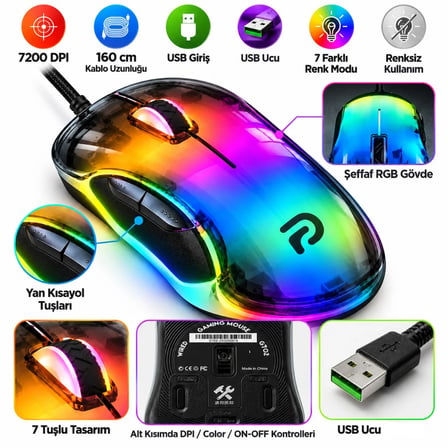 Trio G702 7200 DPI Şeffaf RGB 7 Tuşlu Kablolu Gaming Oyuncu Mouse 160 cm Örgü Kablo