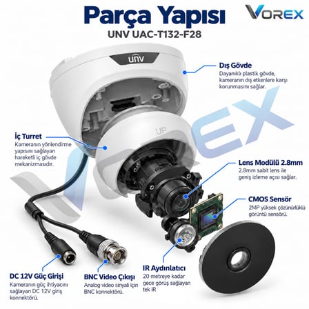 UNV UAC-T132-F28 2MP 1080P 2.8mm 20m IR Gece Görüşlü Analog Turret Dome Güvenlik Kamerası