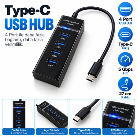 Gabble Type-C USB 3.0 Hub 4 Port 5Gbps 27 cm Kablolu LED USB Çoklayıcı