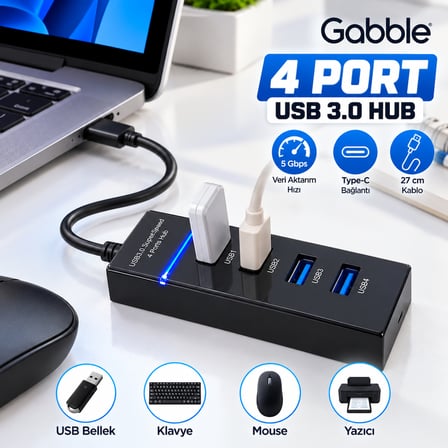 Gabble Type-C USB 3.0 Hub 4 Port 5Gbps 27 cm Kablolu LED USB Çoklayıcı