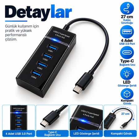 Gabble Type-C USB 3.0 Hub 4 Port 5Gbps 27 cm Kablolu LED USB Çoklayıcı