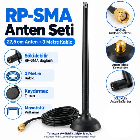 Platoon LJ-3M-002 RP-SMA Anten Seti 27,5 cm Anten 3 Metre Kablo Masaüstü Taban
