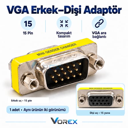 VGA Erkek Dişi 15 Pin Mini Ara Adaptör Port Uzatma Aparatı Vidalı Bağlantı 1 Adet