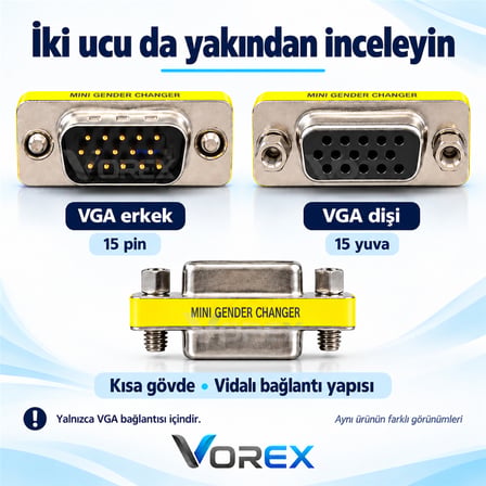 VGA Erkek Dişi 15 Pin Mini Ara Adaptör Port Uzatma Aparatı Vidalı Bağlantı 1 Adet