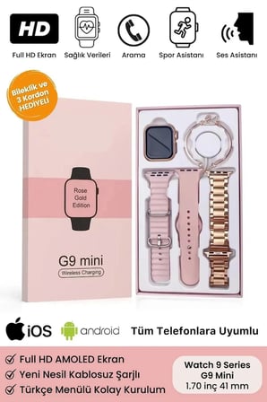 Kadınlar İçin Pembe Kasa ve Metal Kordonlu 41 mm Akıllı Saat, Nabız ve Uyku Takibi Özellikli