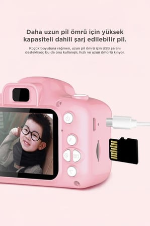 Özel Seri Mini Ürün Minik Çekim Hediyelik Çocuk Kamerası 1080P Hd CMR7 Pembe