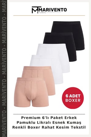 Premium 6'lı Paket Erkek Pamuklu Likralı Esnek Kumaş Renkli Boxer Rahat Kesim Tekstil
