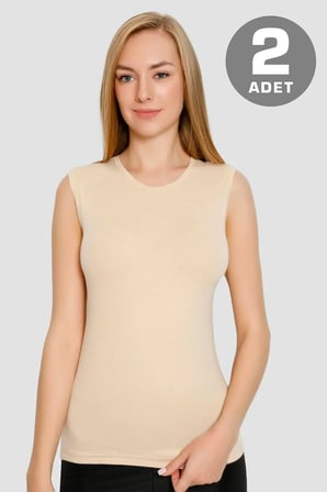 Premium Pratik Set Sade Tarz Kadın Pamuklu Likralı Bisiklet Yaka Kolsuz Tişört Ten Rengi 2'li Paket