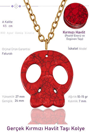 Sertifikalı İskelet Model Kırmızı Havlit Taşı Kolye - 24k Altın Kaplama