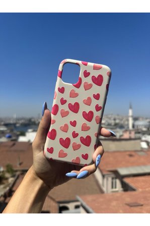 Samsung Galaxy A32 Uyumlu Kırmızı Kalpler Tasarımlı Telefon Kılıfı - Krem